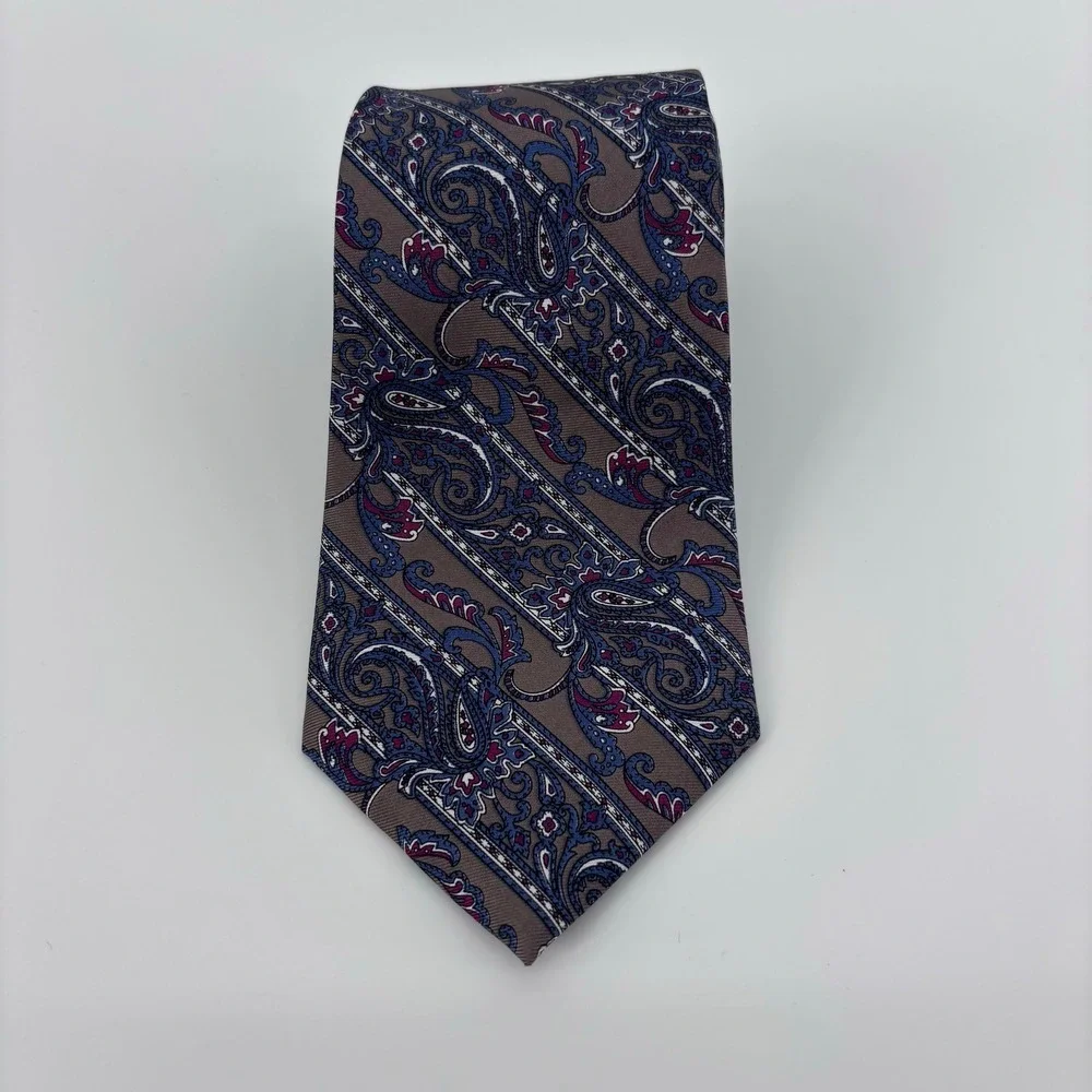 Christian Dior Vintage Silk Paisley Foulard Necktie Mens OS Brown Blue Italian